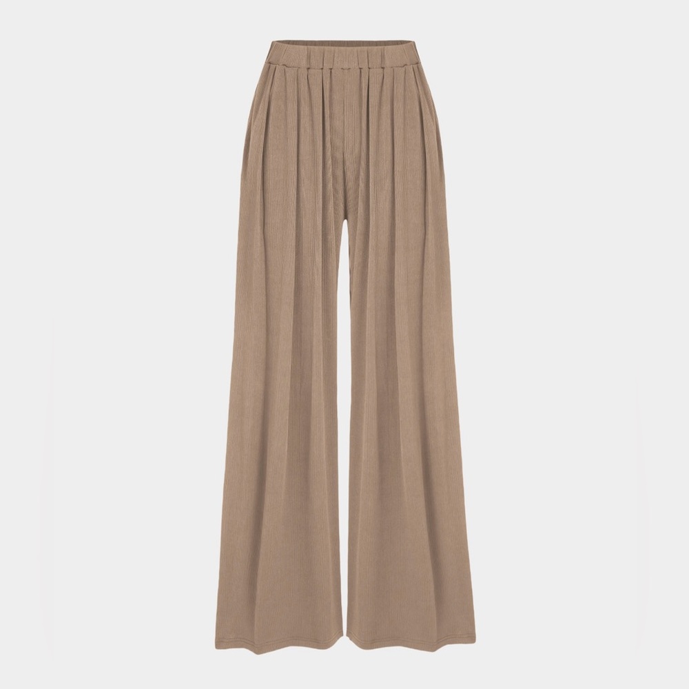 CIDER PETITE SOLID ELASTIC WAIST WIDE LEG PANTS - Picture 12 of 14